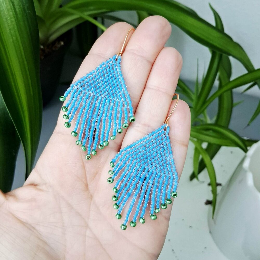 BOGO EARRINGS Blue and green beaded fringe dangle earrings, 2.75"